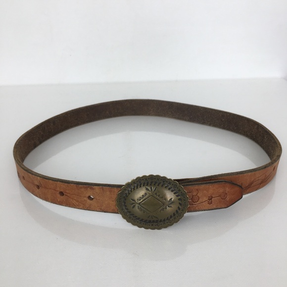 Thin Vintage Tooled Leather Belt With Brass Concho Buckle Brown Floral Size S - Picture 4 of 9